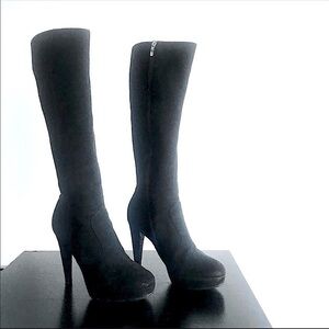 Sergio Rossi Suede Leather Platform Knee High Black Heeled Boots Size EU 37.5